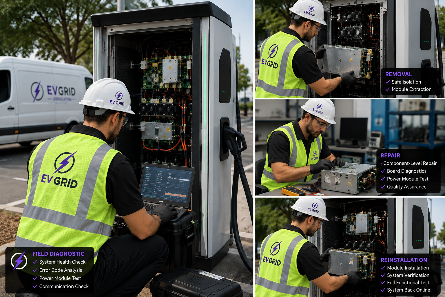 EV Grid Group technician performing charging equipment diagnostics
